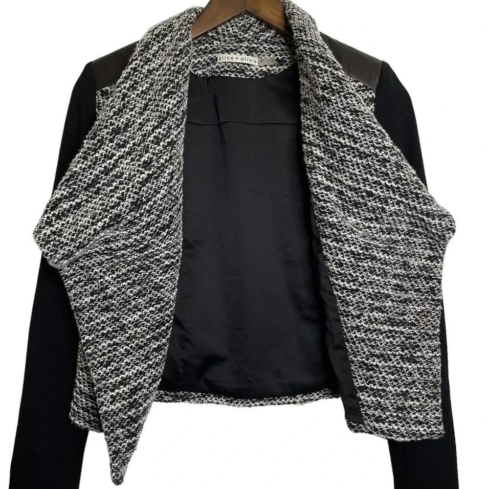 Alice Olivia Burma Drape Lapel Jacket Black White‎ Open Tweed Leather Shoulder 2 - Picture 4 of 12
